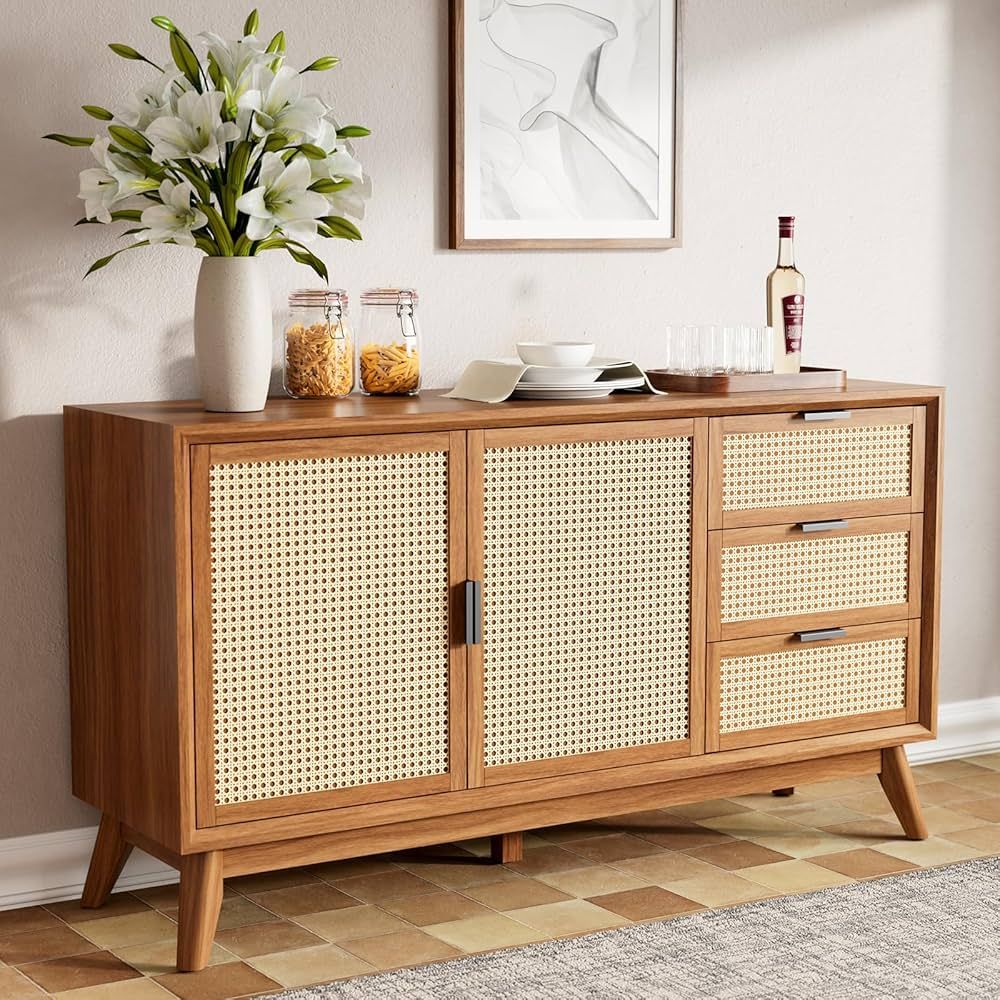 Bme Rattan Pre-Assembled Buffet Sideboard with 3 Drawers & 2 Doors, 58" Accent Console Table Livi... | Amazon (US)