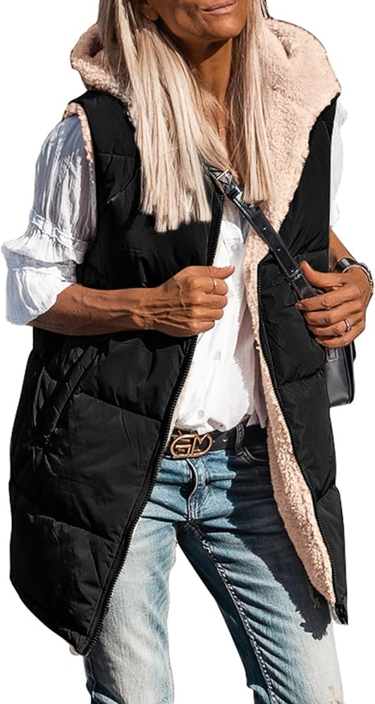 PRETTYGARDEN Womens 2024 Fall Reversible Vests Sleeveless Fleece Jacket Zip Up Hoodie Pockets Lon... | Amazon (US)