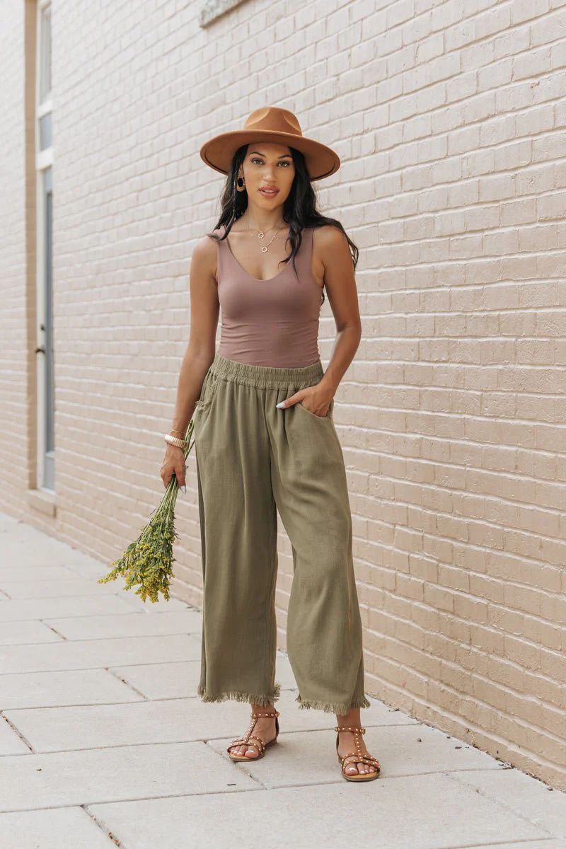 Light Olive Frayed Linen Wide Leg Pants | Magnolia Boutique