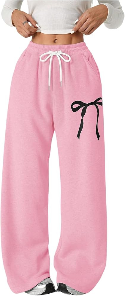 Verdusa Girl's Bowknot Baggy Sweatpants Lightweight Straight Leg Athletic Pants with Pockets | Amazon (US)