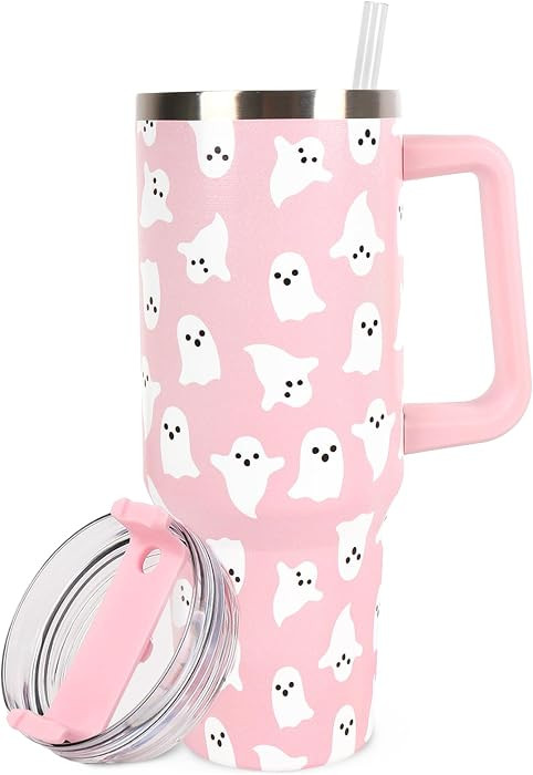 JarThenaAMCS Halloween Ghost Tumbler with Lid Straw 40 Oz Pink Cute Ghost Stainless Steel Cup with Handle Travel Coffee Tumbler for Home Office Party Classroom | Amazon (US)
