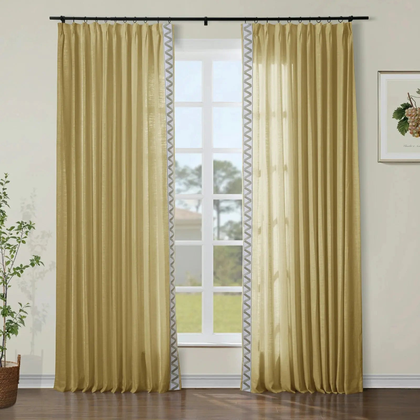 Liz Linen Curtains with Border Trim (Sold per Pair) - Khaki 1908-28 | TWOPAGES