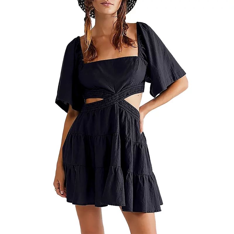 Inadays Women's Summer Square Neck Dress Short Sleeve Casual Flowy A-Line Mini Dress Ruffle Elast... | Walmart (US)