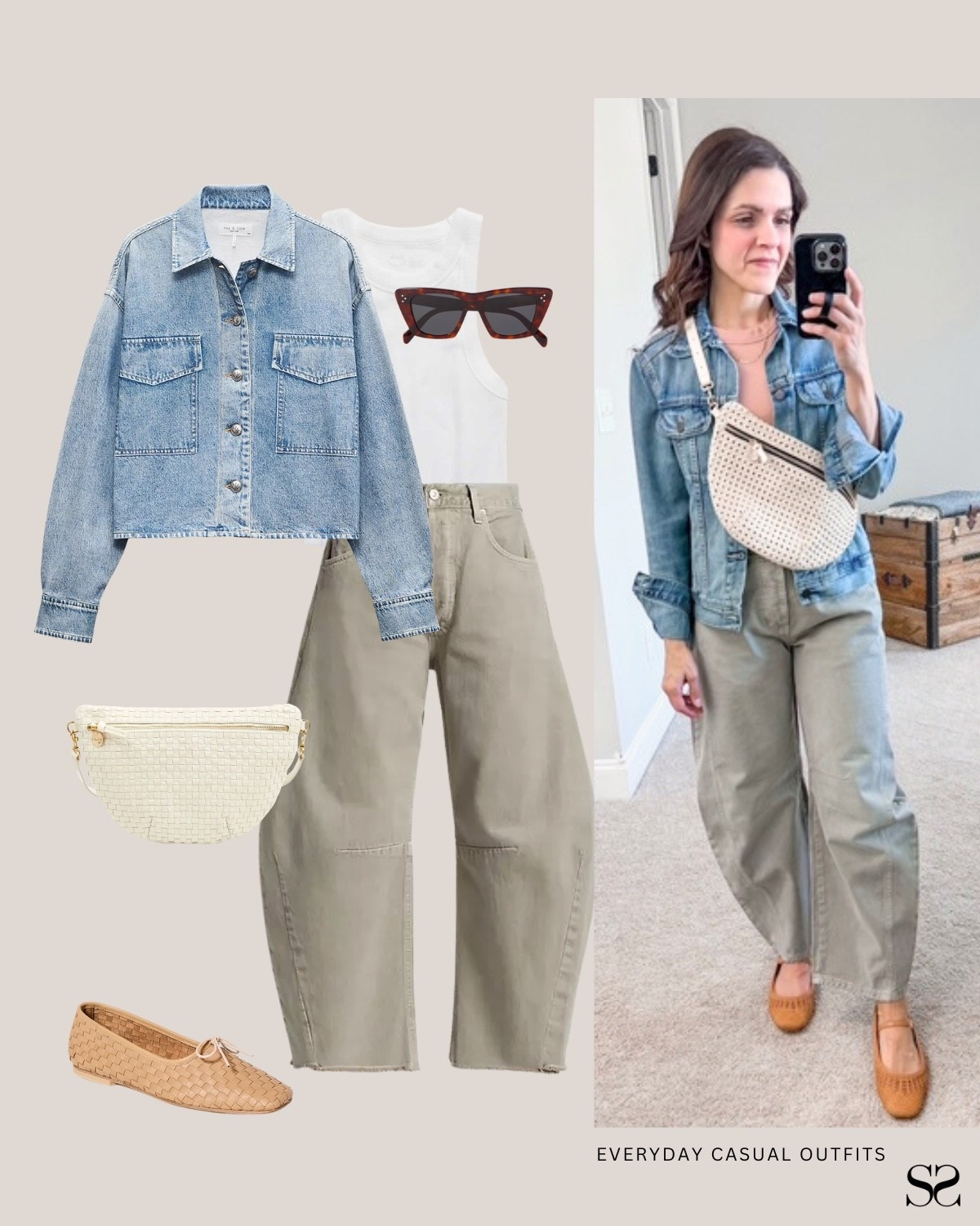 Outfit ideas for when getting dressed has to be easy: Grab it and go.

Denim jacket, white tank, olive barrel jeans, woven belt bag, tan ballet flats, tortoise sunglasses

#LTKootd #LTKgrwm