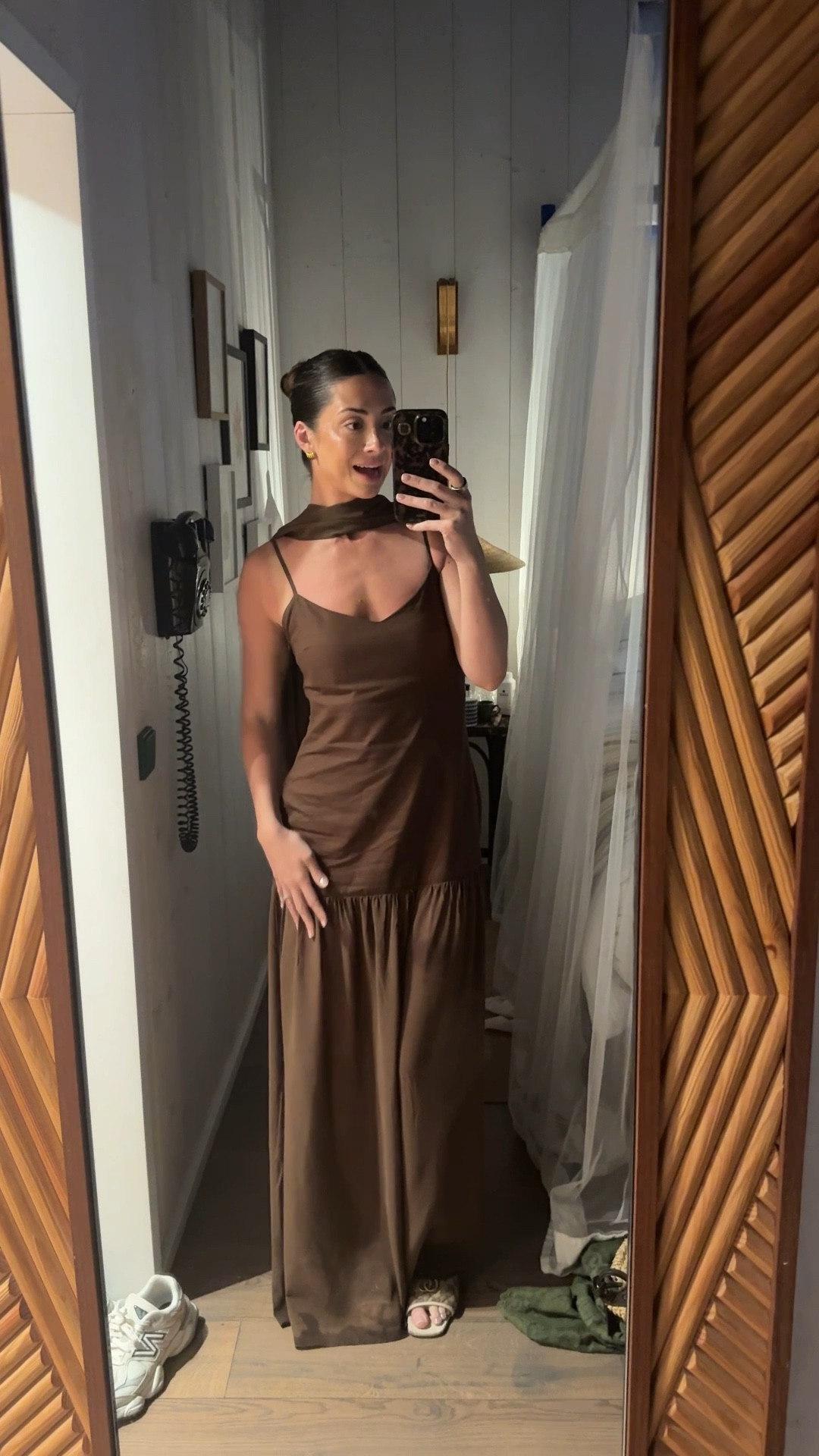 I always suggest sizing up in this brand! Perfect dress for a night out - I love the neck scarf and chocolate brown color! Would be a gorgeous wedding guest dress too! 

#LTKTravel #LTKootd