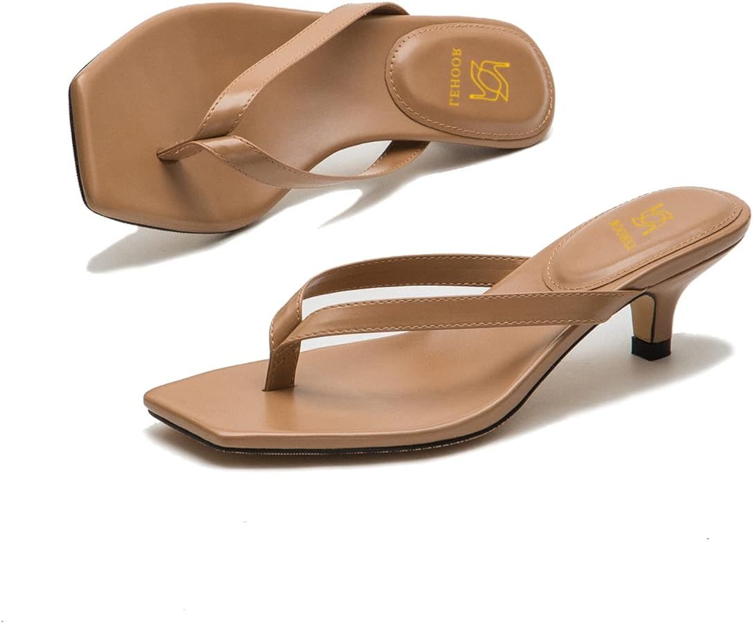 LEHOOR Flip-Flops Mules Kitten Heels Thong Sandals Square Open Toe for Women Slim Matte Leather T... | Amazon (US)