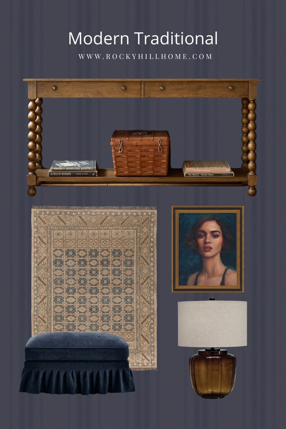 Loving the moodiness of this modern traditional furniture and decor in a blue and orange color palette. I included a gorgeous portrait of a woman, warm wood console table, blue skirted ottoman, amber table lamp, hand knotted rug from McGee and Co and options to recreate the console styling with a vintage picnic basket.

#LTKHome