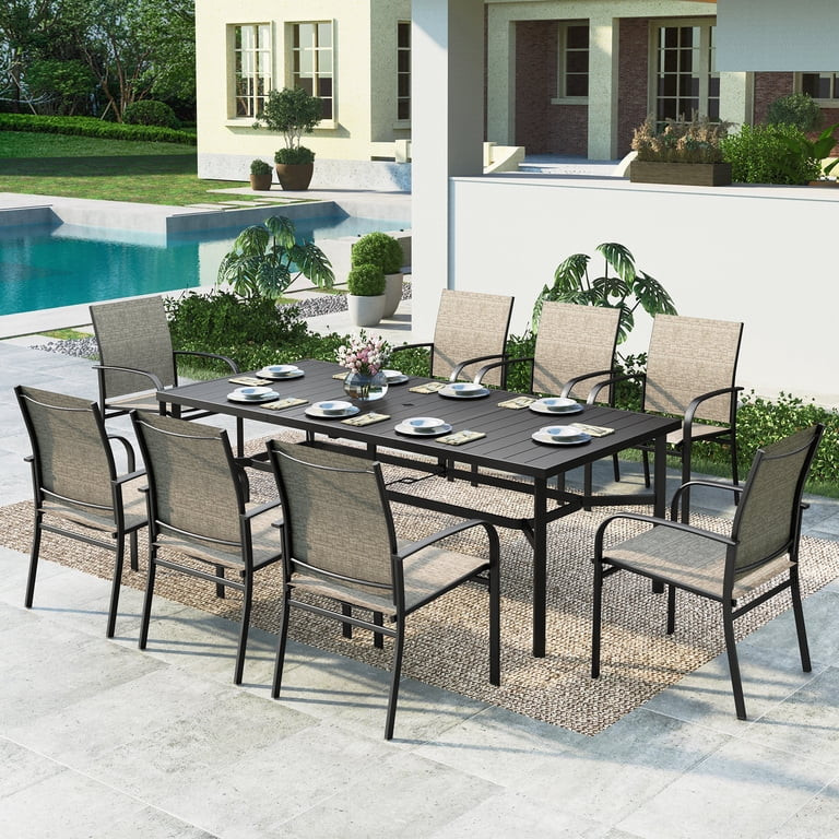 9-Piece Outdoor Patio Dining Set with Metal Steel Rectangular Table with Umbrella Hole & Textilen... | Walmart (US)