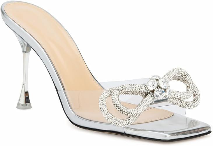 LauraVicci Women's Heeled Bow Mules Clear Sandals Square Open Toe Rhinestone Embellished Crystal ... | Amazon (US)