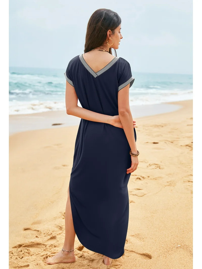 YOGAFOX Women's 2025 Summer Casual V Neck Split Beach Vacation Loose Maxi Dresses(Navy,XL) | Walmart (US)