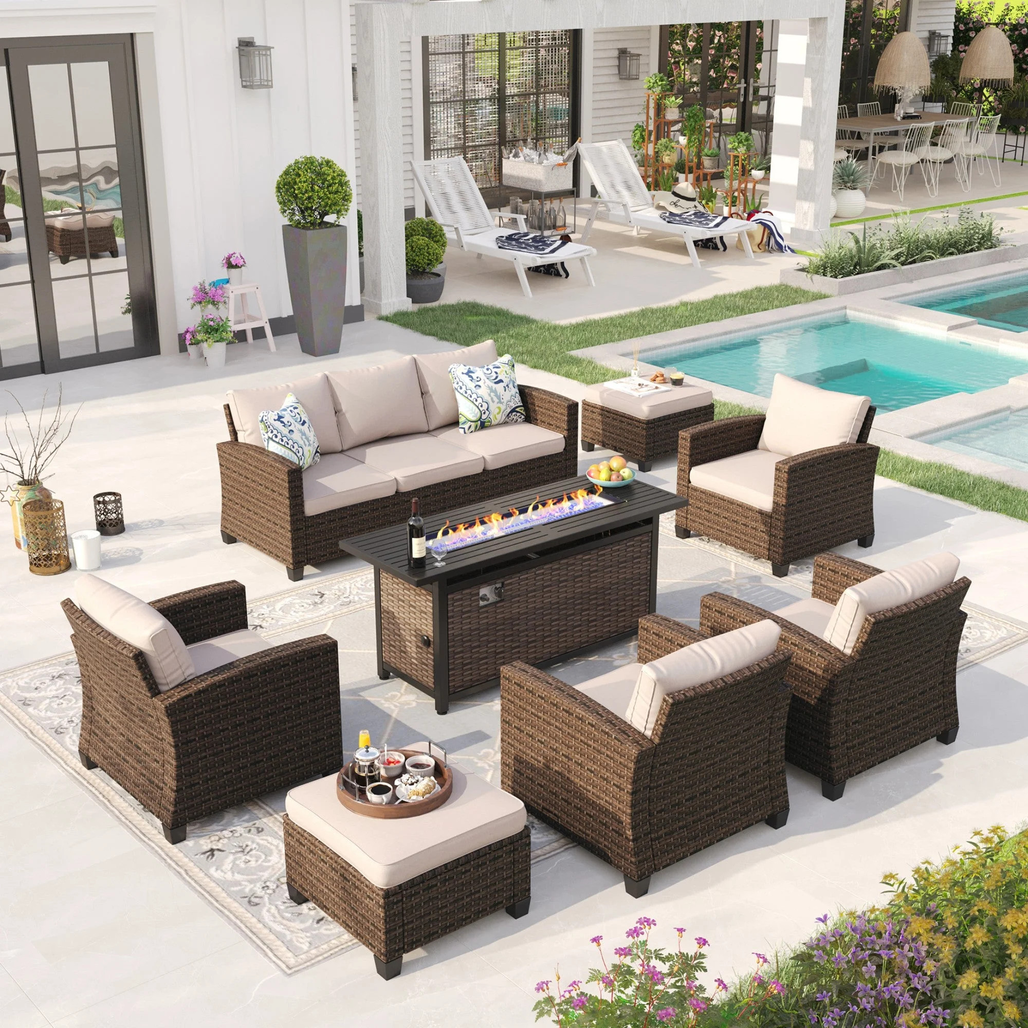 Sophia & William 8 Pieces Wicker Patio Conversation Set with Fire Pit Table, Beige | Walmart (US)