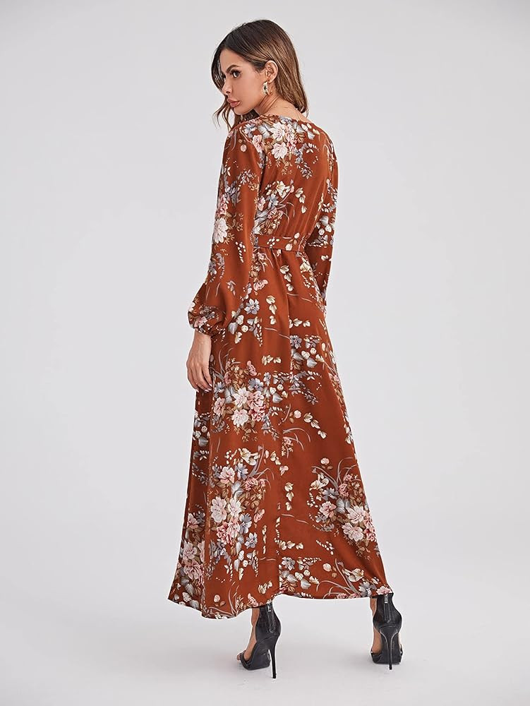 Floerns Women's Summer Wrap V Neck Long Sleeve Belted Floral Print Maxi Dress | Amazon (US)