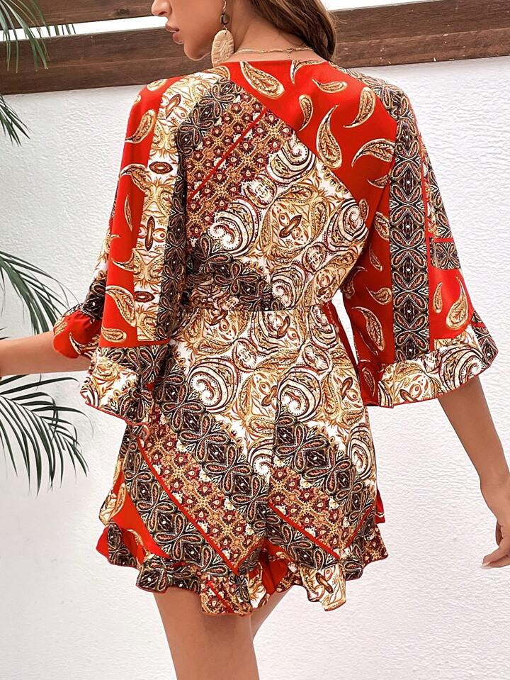 SHEIN VCAY Paisley Print Tie Front Ruffle Hem Romper | SHEIN