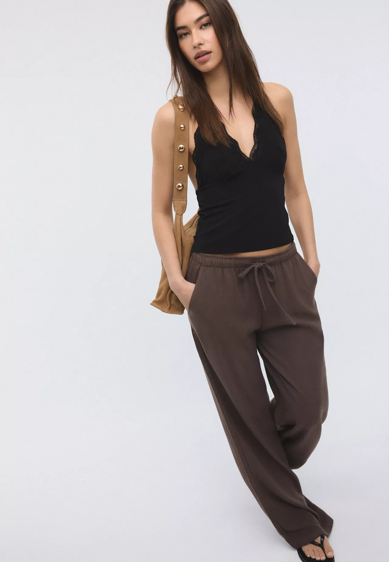 Flowing linen-effect trousers - Women's Mocacos Nuevo | Stradivarius United Kingdom | Stradivarius (UK)