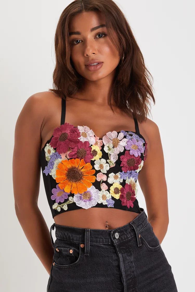 Flirty Icon Black 3D Floral Embroidered Bustier Tank Top | Lulus