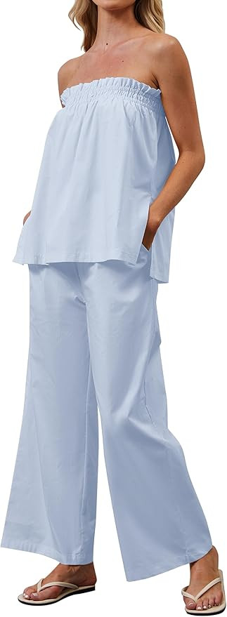 MISSACTIVER Women's Two Piece Outfit Strapless Tube Top and Beach Wide Leg Pants Set 2 Piece Loun... | Amazon (US)