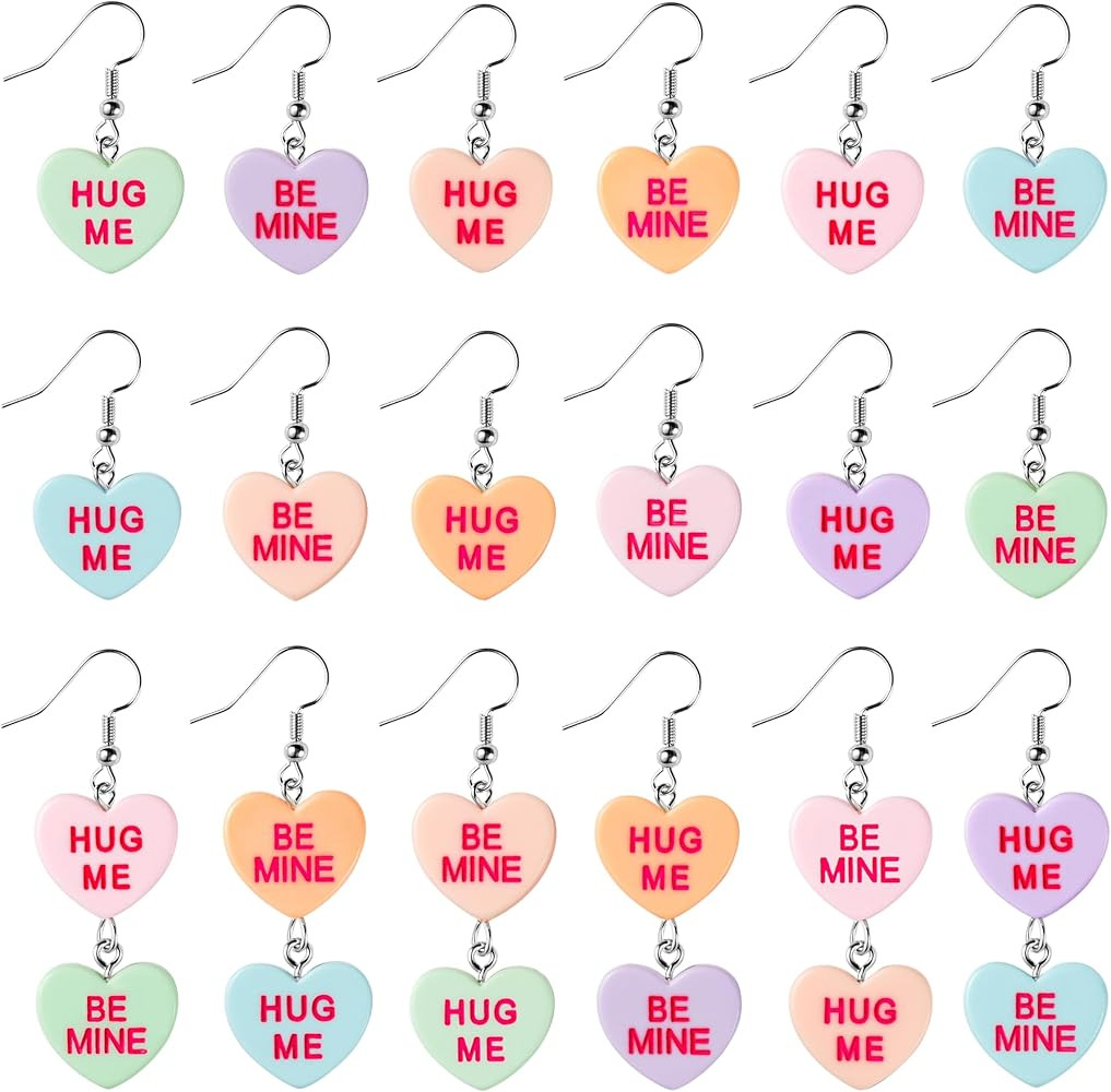 Xqumoi 18Pcs Valentine’s day Conversation Heart Candy Earrings Hug Me Be Mine Resin Heart Penda... | Amazon (US)