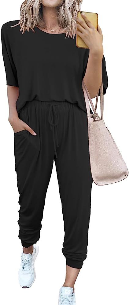 Women’s Two Piece Outfit Short Sleeve Pullover With Drawstring Long Pants Tracksuit Jogger Set ... | Amazon (US)