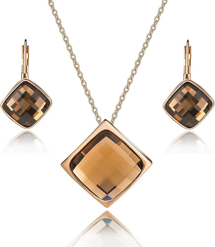 Square Austrian Crystal Necklace Earrings for Women Fashion 18K Gold Plated Hypoallergenic Jewelry S | Amazon (US)