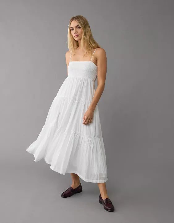 AE Smocked Tiered Babydoll Midi Dress | American Eagle Outfitters (US & CA)