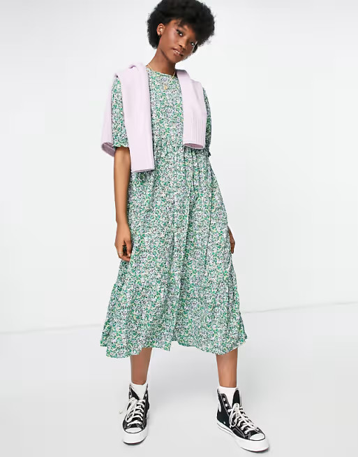 New Look smock midi dress in blue floral | ASOS (Global)