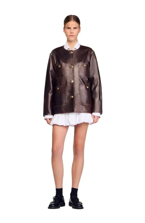 SANDRO Long distressed leather jacket in Black Brown at Nordstrom, Size 42 Eu | Nordstrom