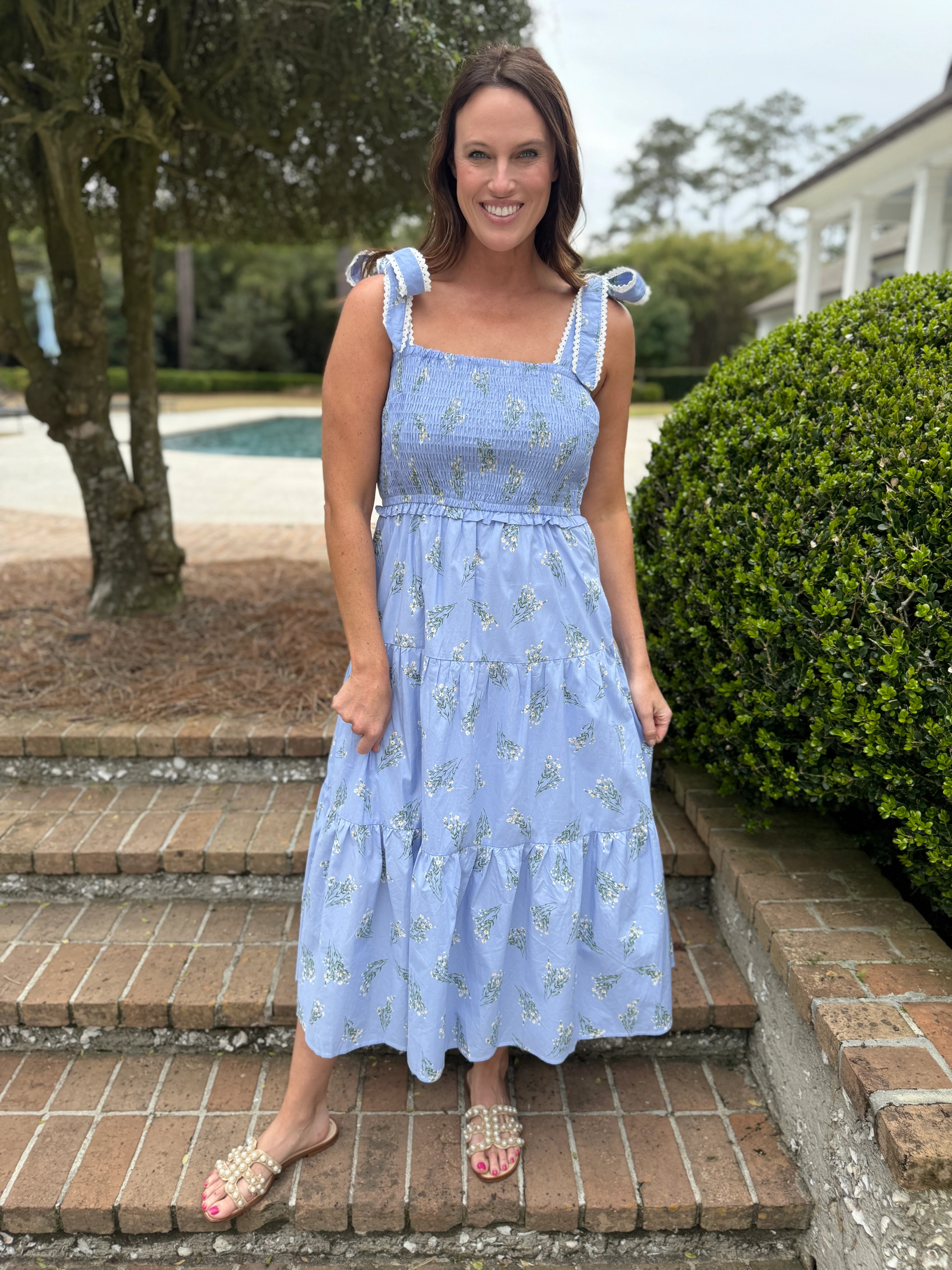 Shining Bright Blue Floral Print Midi Dress | Caroline Hill