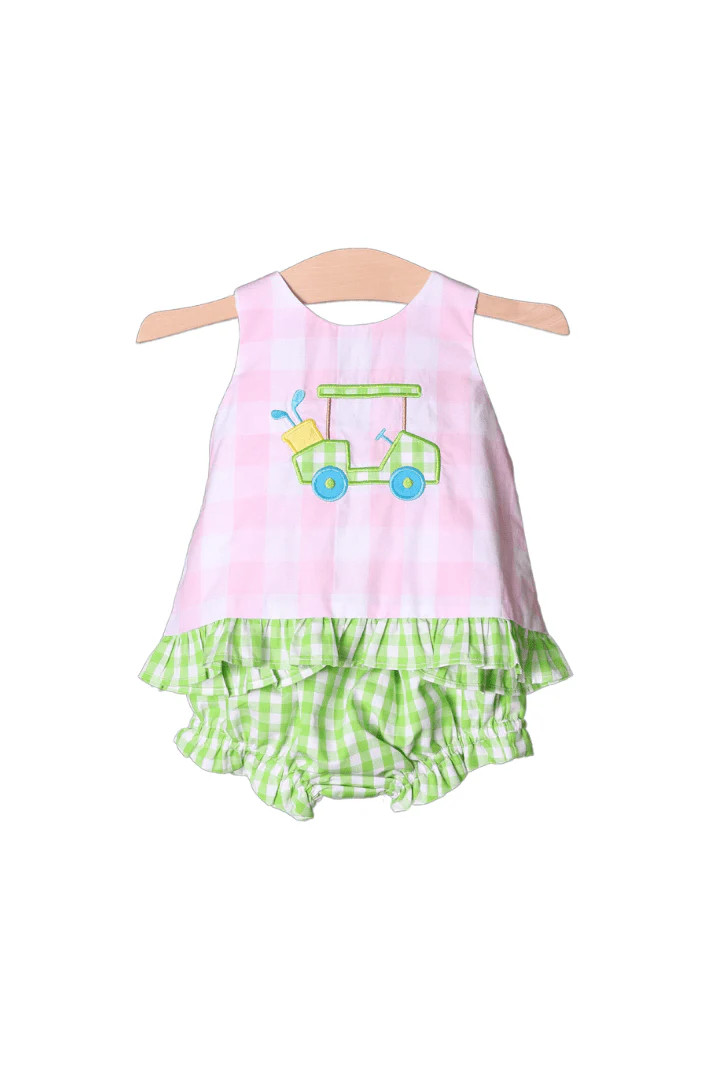 Pink Gingham Applique Golf Cart Bloomer Set | The Smocked Flamingo