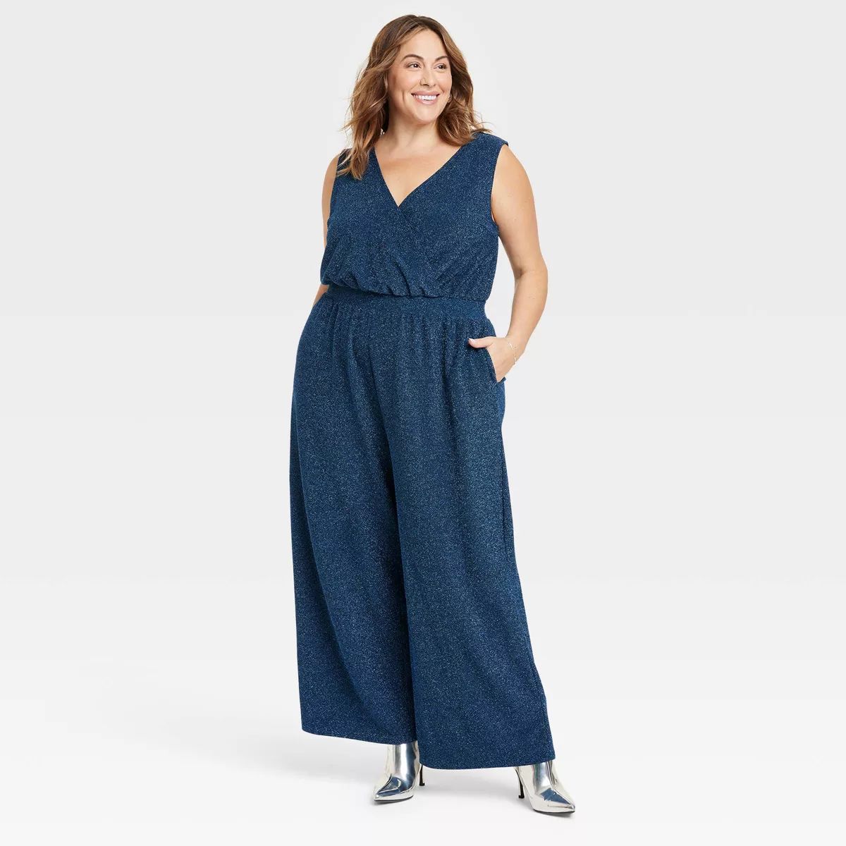 Women's Sparkle Knit Jumpsuit - Ava & Viv™ Blue 4X | Target