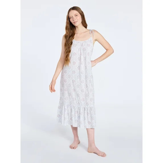 Joyspun Women's Woven Midi Sleep Gown with Shoulder Tie, Sizes XS to 3X | Walmart (US)