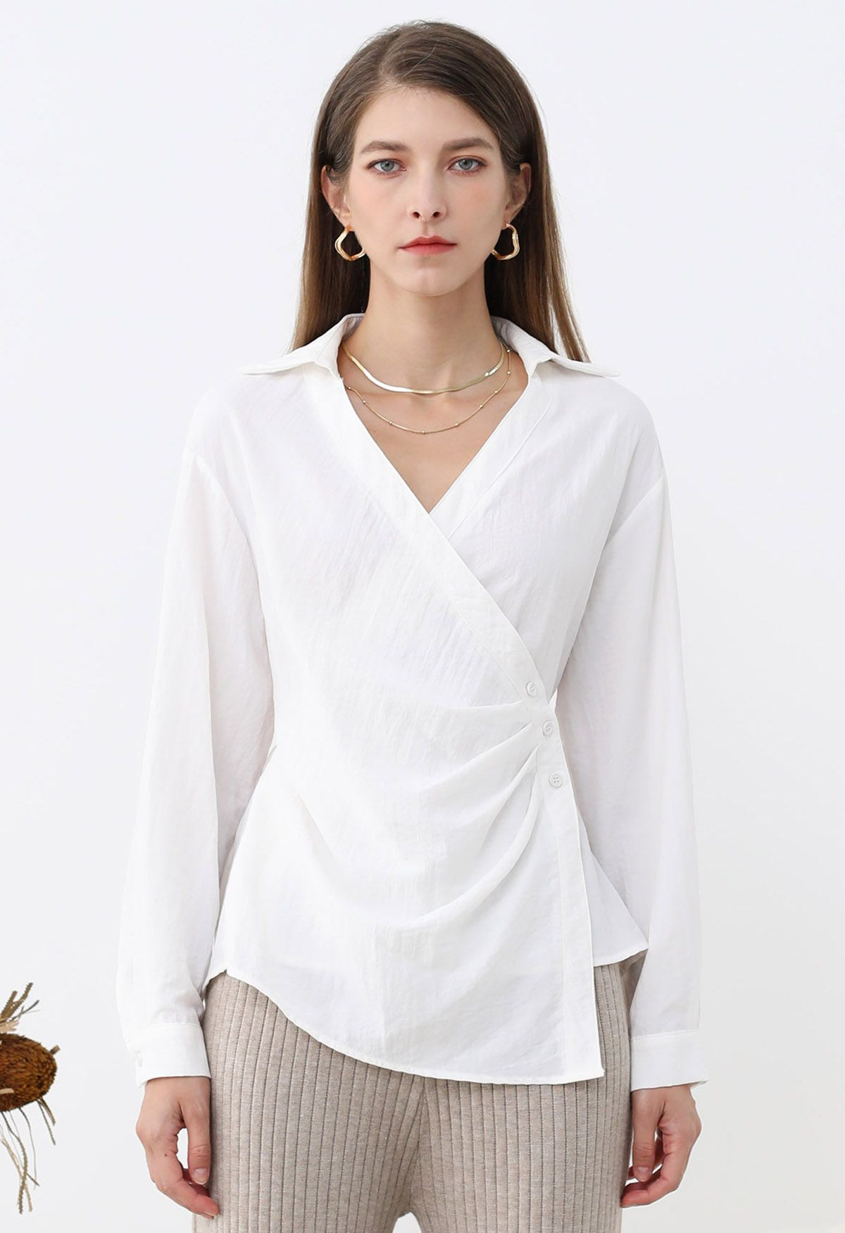Side Pleats Collared Buttoned Wrap Shirt in White | Chicwish
