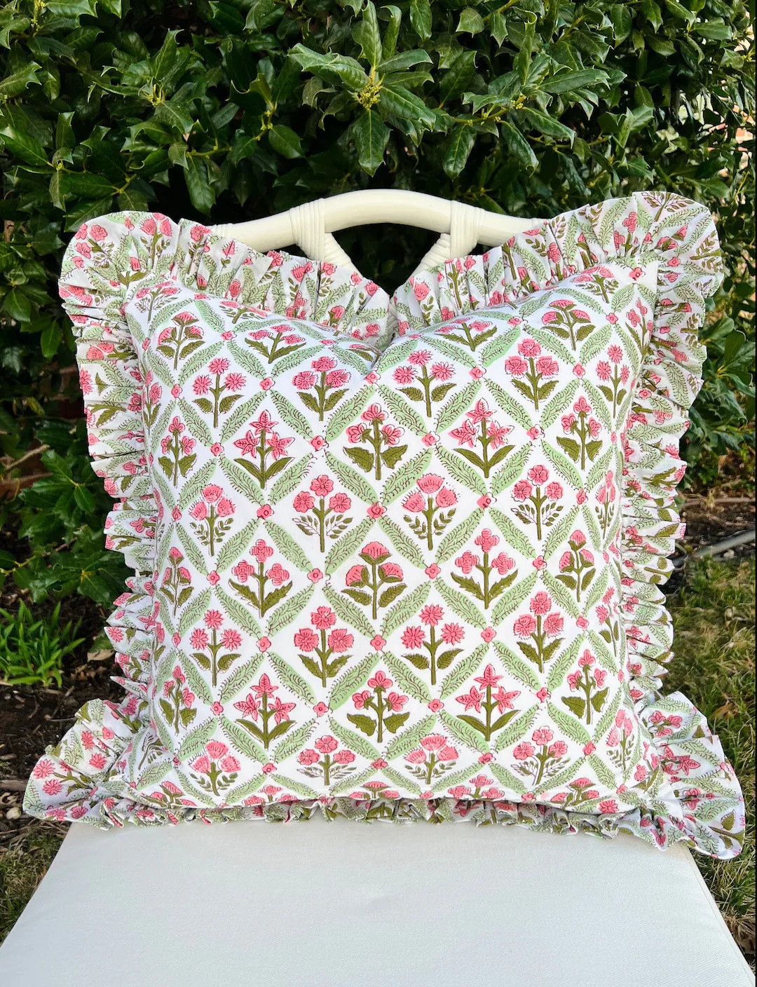 Pink and Green Floral Trellis Block Print Ruffle Pillow Cover - Etsy | Etsy (US)