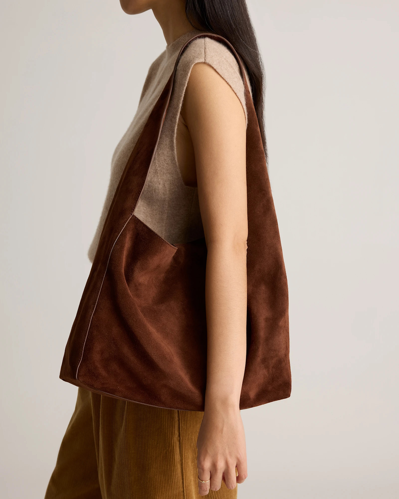 Italian Suede Slouchy Shoulder Bag in Chocolate Brown | Quince