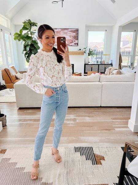 AGOLDE Jeans on sale for 20% off with code FRESH. Size down as they run big. Also linking this white lace top I love and have worn over and over the past few years. Wearing size XS. 

#LTKSeasonal #LTKsalealert #LTKstyletip