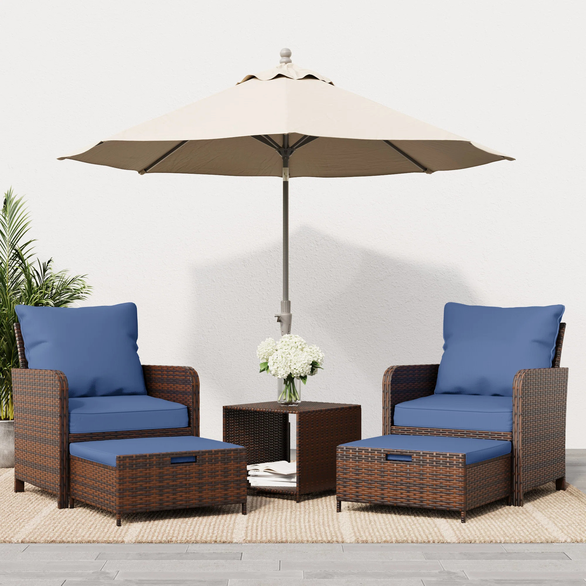 Idamarie 2 Person Wicker Rattan Outdoor  Conversation Set with Ottoman (no umbrella stand) | Wayfair North America