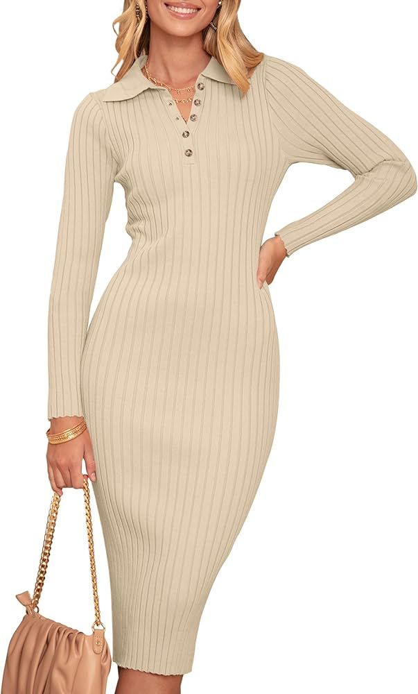 MEROKEETY Womens 2023 V Neck Ribbed Sweater Dress Long Sleeve Bodycon Knit Midi Dresses | Amazon (US)