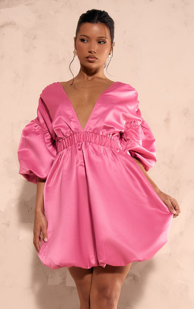 Bright Pink Puff Sleeve Puffball Hem Shift Dress | PrettyLittleThing US