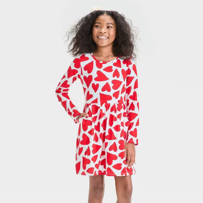 Girls' Long Sleeve 'Heart' Valentine's Day Dress - Cat & Jack™ Cream L Plus | Target