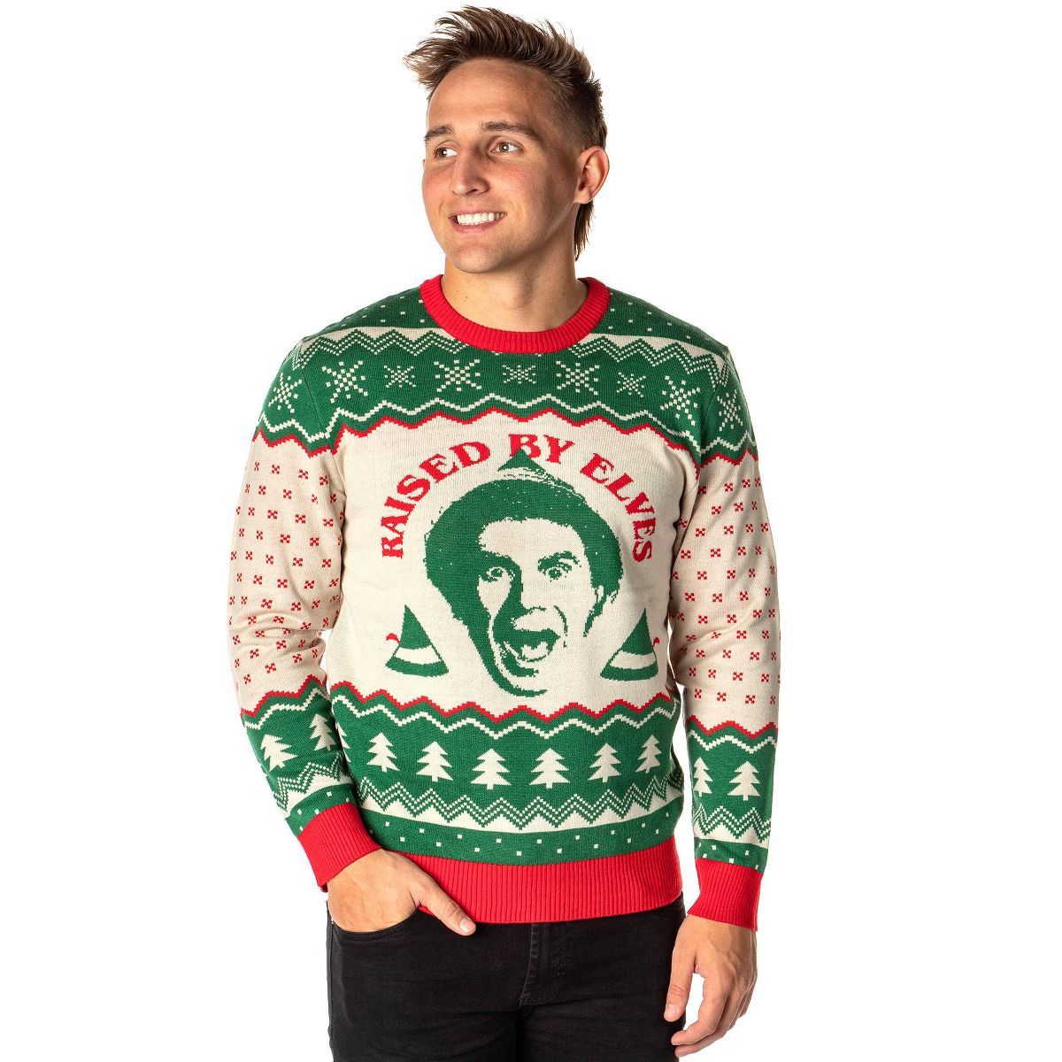 ELF The Movie Men's Raised By Elves Ugly Christmas Sweater Knit Pullover | Target