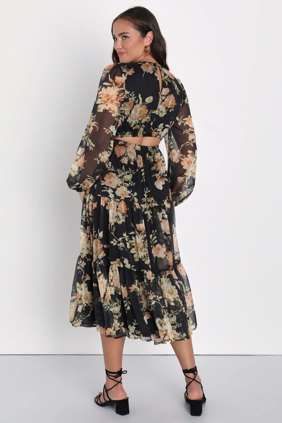 Delightful Affection Black Floral Chiffon Long Sleeve Midi Dress | Lulus (US)
