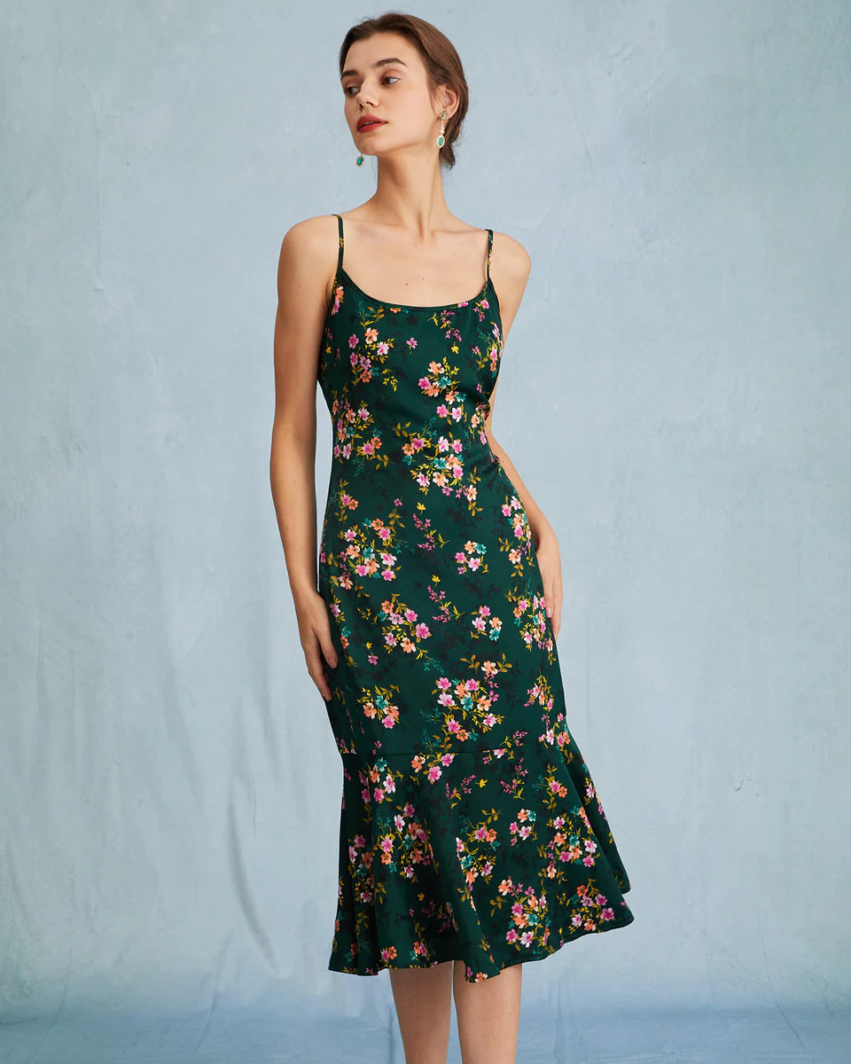 The Green Floral Flounce Mermaid Satin Midi Dress | rihoas.com
