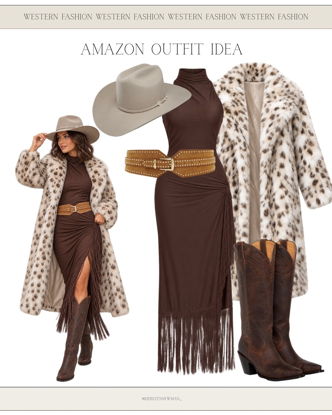 Western glam meets cozy luxury! 🤎✨ This chocolate brown fringe dress styled with a leopard faux fur coat, studded belt, and classic cowboy boots is made for a night out in Vegas! Add a neutral cowboy hat to complete this effortlessly chic NFR look.

#NFR2026 #NFRStyle #WesternGlam #CowgirlChic #VegasFashion #WesternOutfitIdeas #FauxFurFashion #AmazonStyle #LTKOutfit #ShopLTK