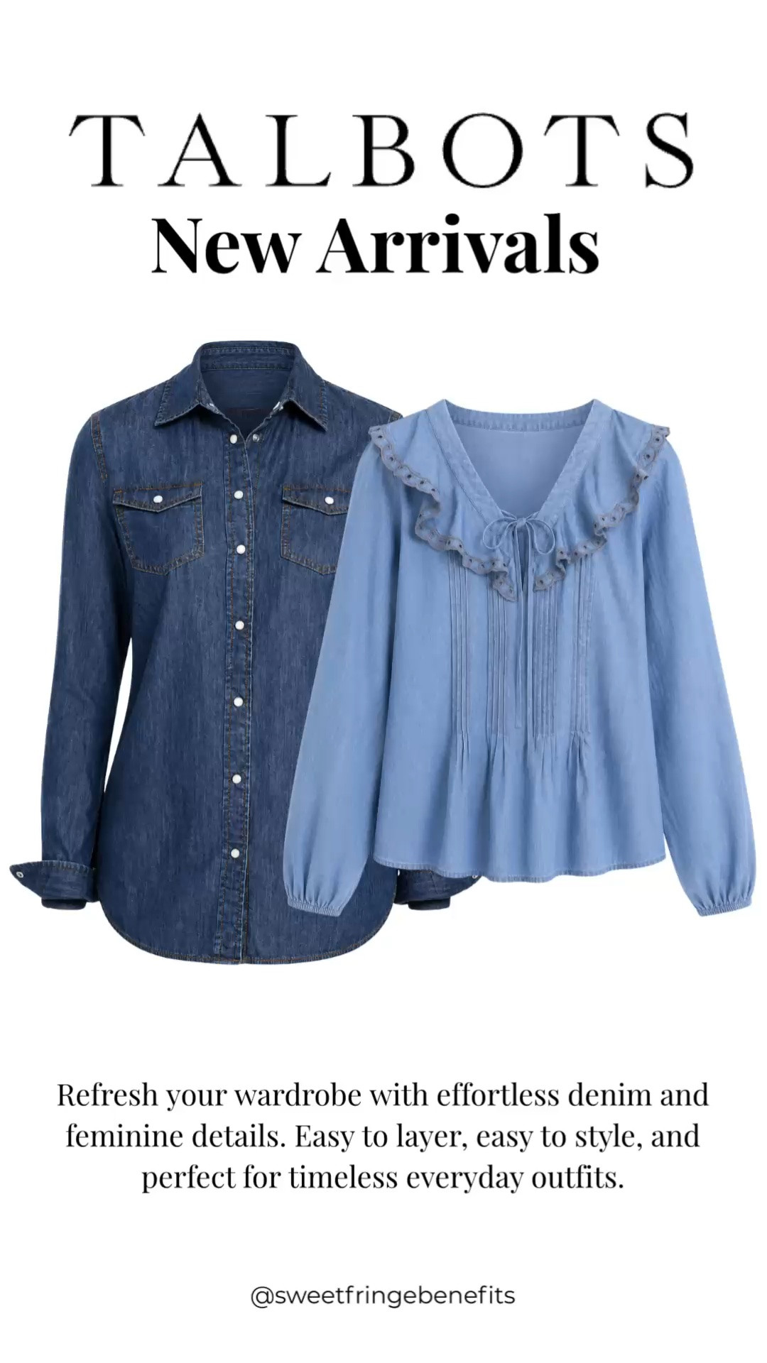 These Talbots new arrivals are full of timeless style! The classic denim shirt is a wardrobe staple, while the feminine ruffle blouse adds the perfect touch of softness to your everyday looks. Both are easy to layer now and wear into fall.

💡 LTK MADE EASY
❤️ Heart = Support my posts!
🔖 Save = Get sale & restock alerts
📋 Lists = Keep favorites organized
📲 Share = Send lists and products to a friend. Hello, Christmas List!
💬 Comment = Ask me anything about what I'm wearing.:-)

#LTKSeasonal #LTKOver40 #LTKTravel