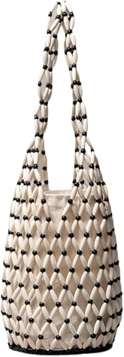 Beach Bags for Women Women Hollow-out Shoulder Bags Woven Hand Bag Wooden Bead Tote Handbag Beach... | Amazon (US)