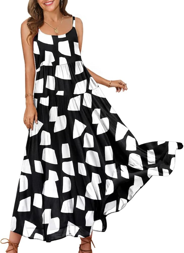 YESNO Summer Dresses for Women 2022 Casual Loose Bohemian Floral Dress with Pockets Spaghetti Strap  | Amazon (US)