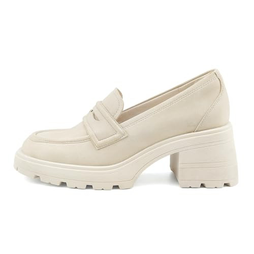 JENN ARDOR Chunky Block Heel Loafers for Women Closed Round Toe Platform Pumps Slip On Dress Shoes Wedding Party Office Lady Shoes, Beige-Suede, 9 | Amazon (US)