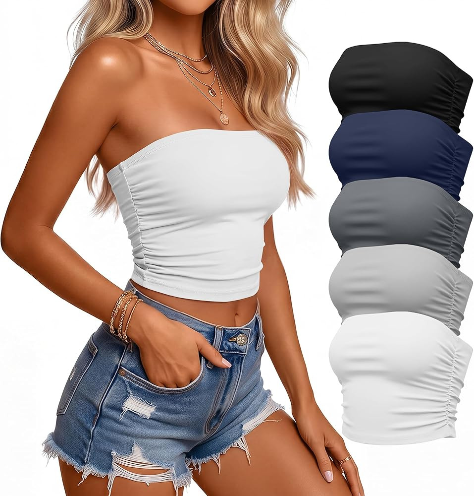 Huukeay 5 Pack Women's Tube Tops Strapless Crop Tops Bandeau Sleeveless Side Ruched Summer Going ... | Amazon (US)