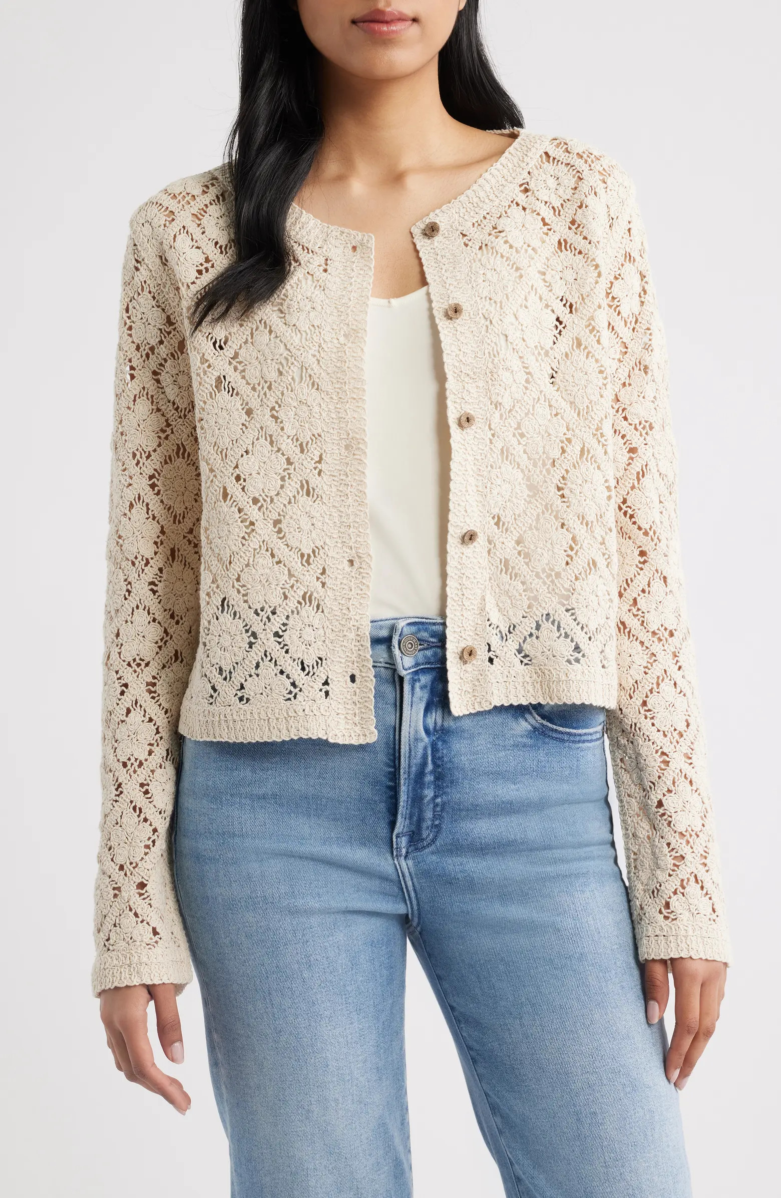 Diamond Floral Crochet Button Front Cardigan | Nordstrom