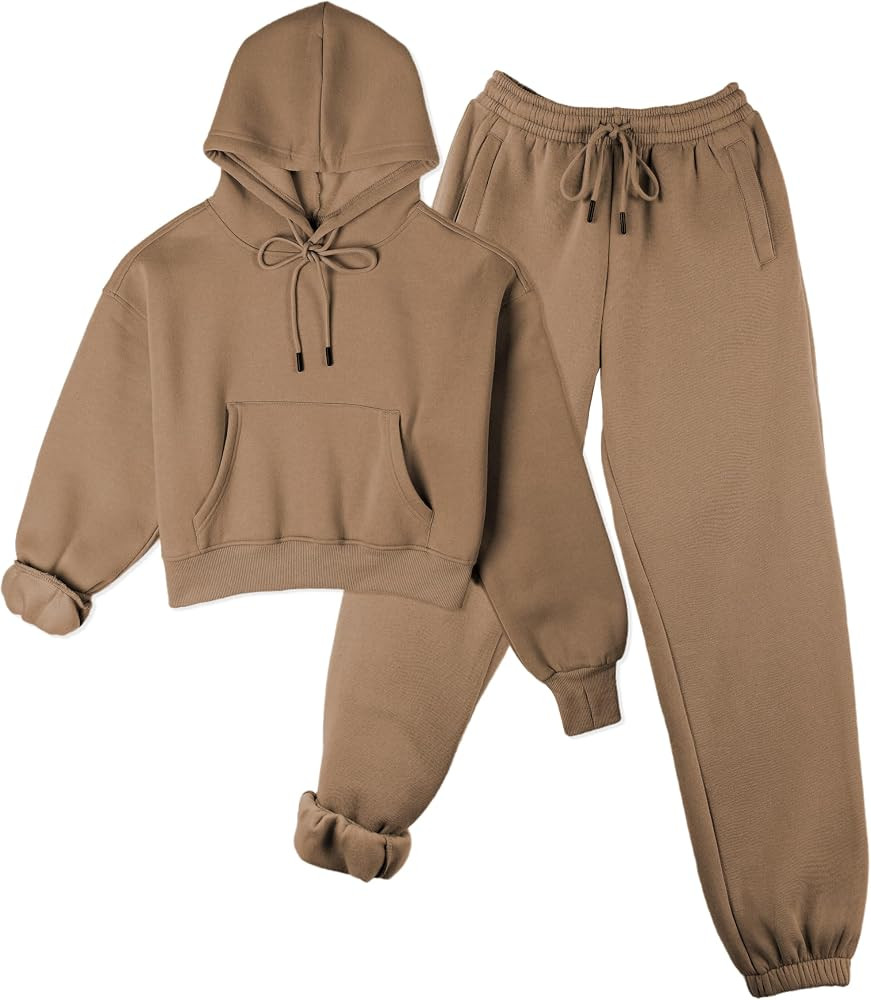 Sweatsuits for Women 2 Piece Set Crop Fleece Lining Hoodies Jogger Sweatpants Sweat Suits | Amazon (US)