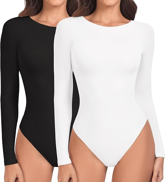 TDIFFUN Women’s Long Sleeve Crew Neck Bodysuits Tops Double-Layer Skin-Friendly Naked Feeling T... | Amazon (US)